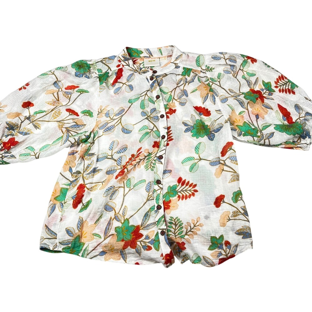 Maeve Anthropologie Floral Puff Sleeve Button Down Blouse White Multi Size 4 - Picture 2 of 12